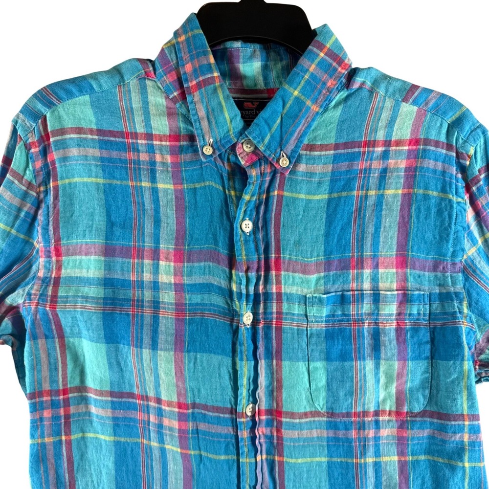 Vineyard Vines MURRAY Mens M 100% Linen Blue Plaid Slim Fit Button Down